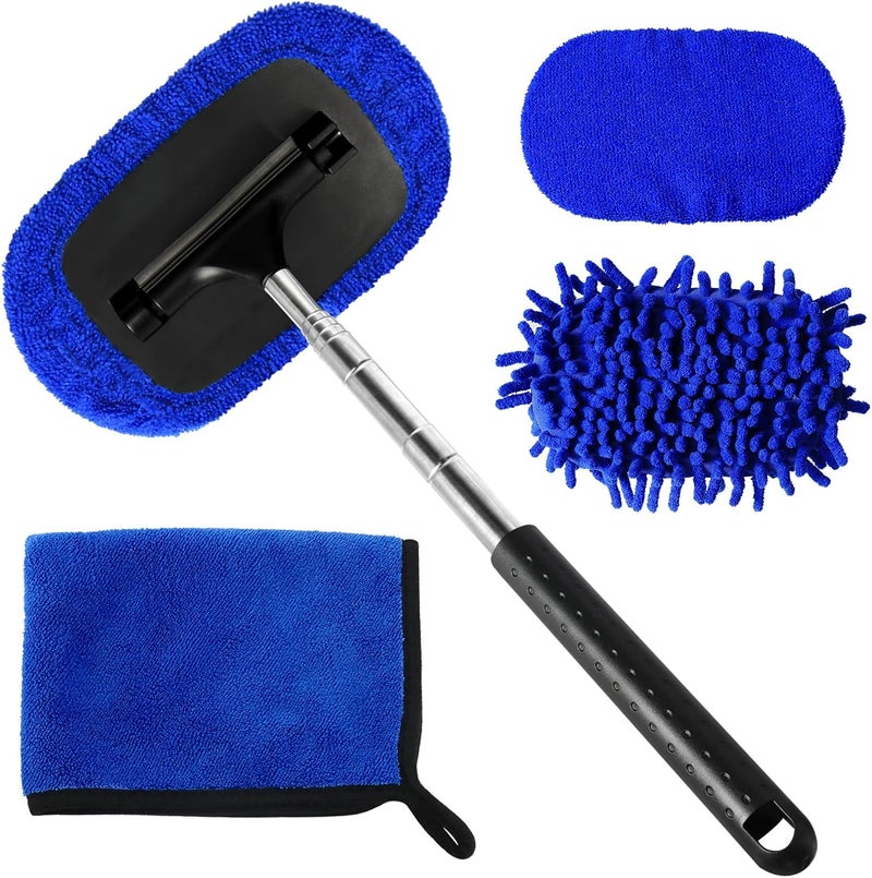 LeeLoon 5 PCS Windshield Cleaner Tool, 40 Inch Microfiber Windshield Cleaning Tool with Extendable Handle, Windshield Cleaner Auto Inside Glass Glass Wiper Kit with Washable Microfiber Pads and Cloth - Image 1